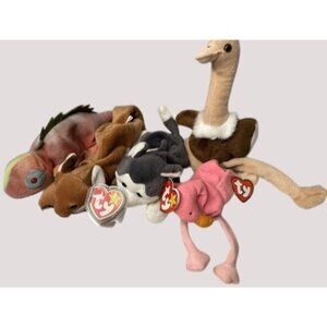 Ty Beanie Babies Lot Of 5 - Flamingo Ostrich Husky Lizard & Deer Plush Toys